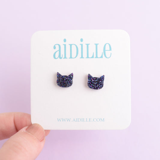 Galaxy Purple Glitter Cat Earrings with Titanium Posts