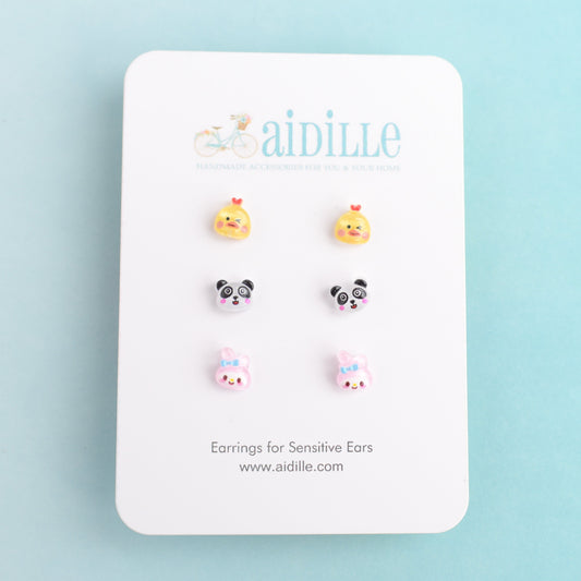 Tiny Animal Earring Trio with Titanium Posts- Chicken, Panda, and Bunny