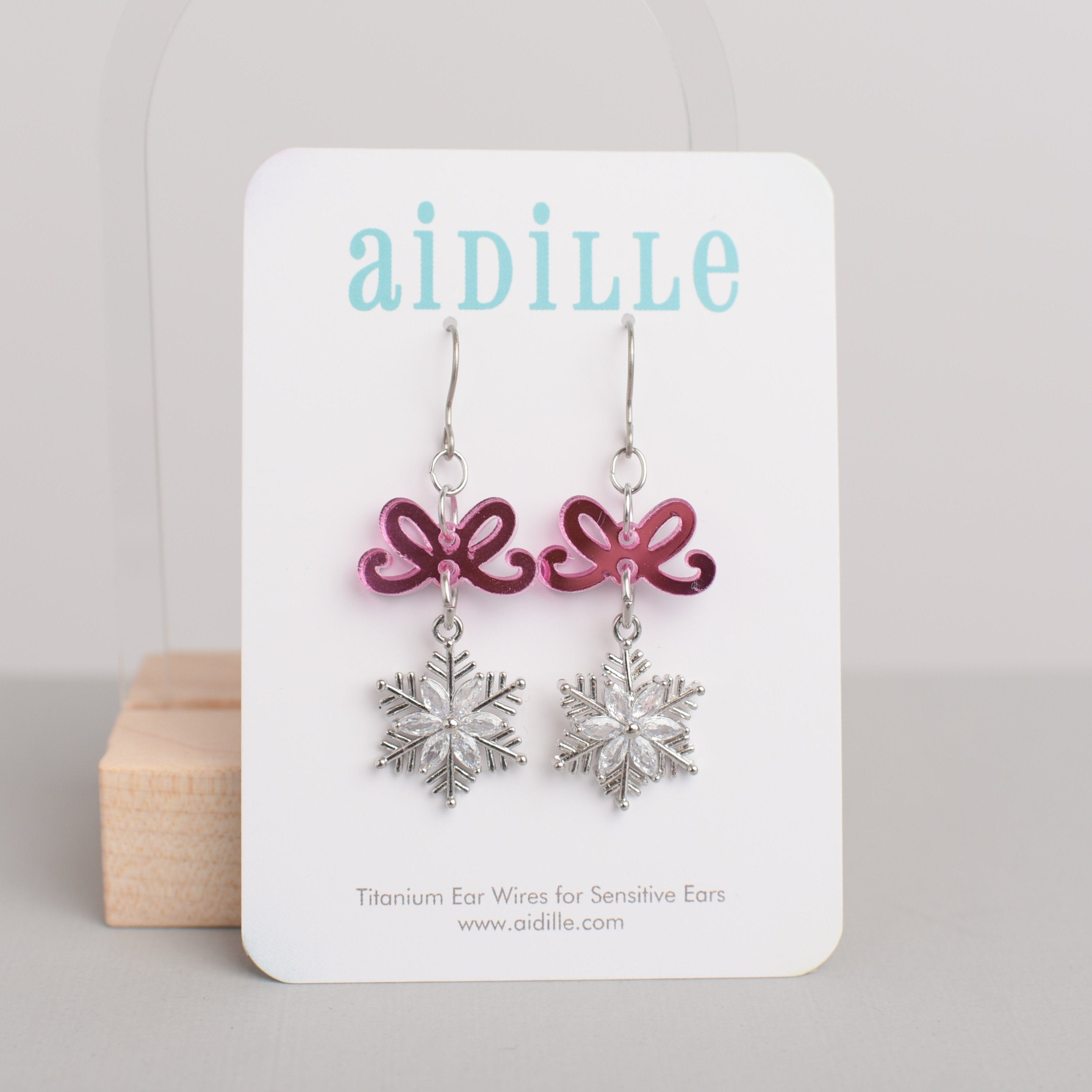Pink Mirror Bow and Silver Snowflake Dangle Earrings Titanium Ear