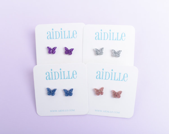 Glitter Butterfly Earrings with Titanium Posts- Silver, Purple, Pink, or Blue