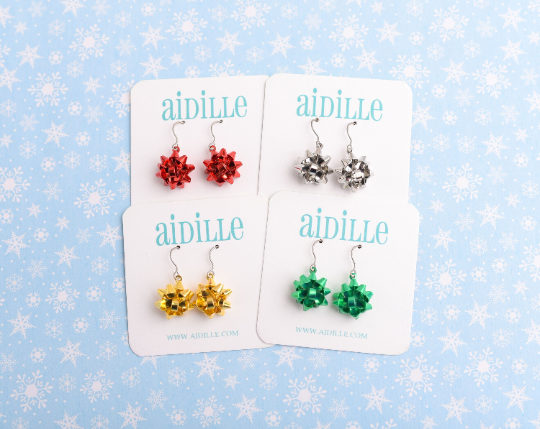 Metal Christmas Bow Dangle Earrings with Titanium Ear Wires- Choose Red, Silver, Green, Gold