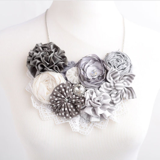 Handmade Gray and Cream Fabric Statement Bib Necklace