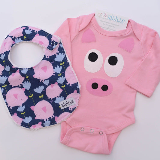 Baby Girl Pig Bodysuit and Bib Set- Size 0-3m