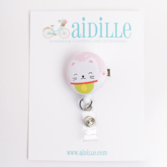 Japanese Cat Button Badge Reel- White or Pink Kitty