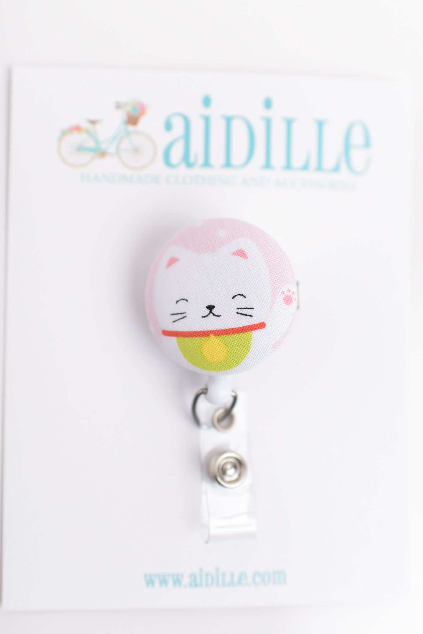 Japanese Cat Button Badge Reel- White or Pink Kitty