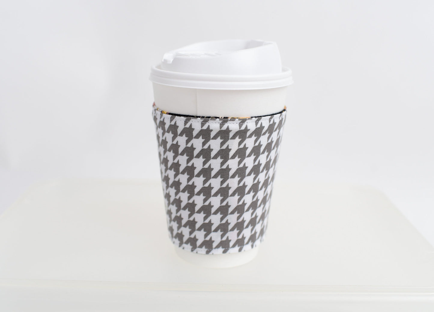 Black Fantasy and Gray Houndstooth Reversible Fabric Coffee Sleeve