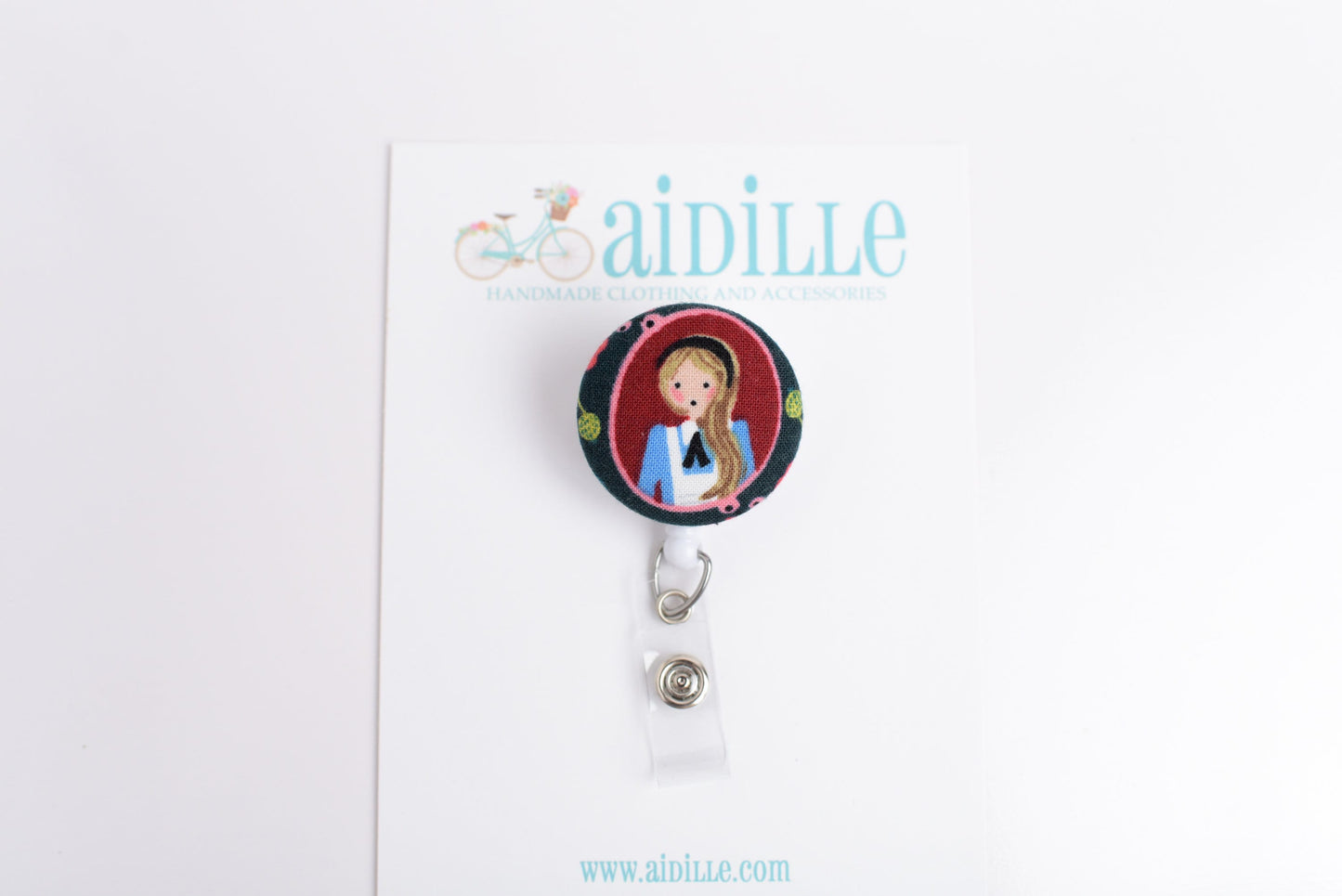 Alice In Wonderland Fabric Button Badge Reel- Choose Alice, White Rabbit, or Queen of Hearts