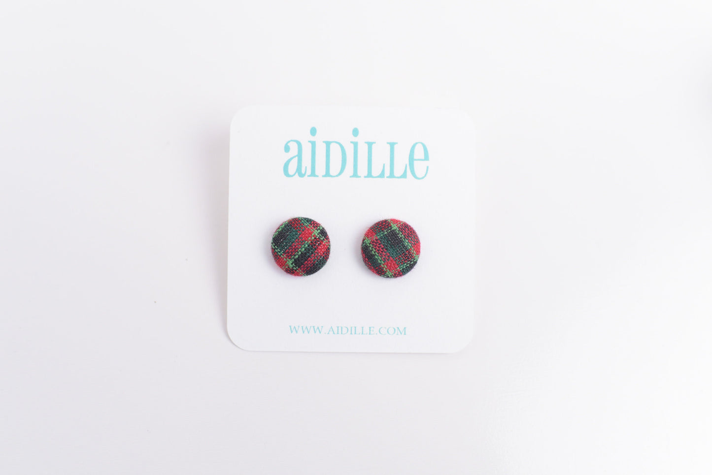 Red and Green Plaid Fabric Button Earrings with Titanium Posts or Clip Ons