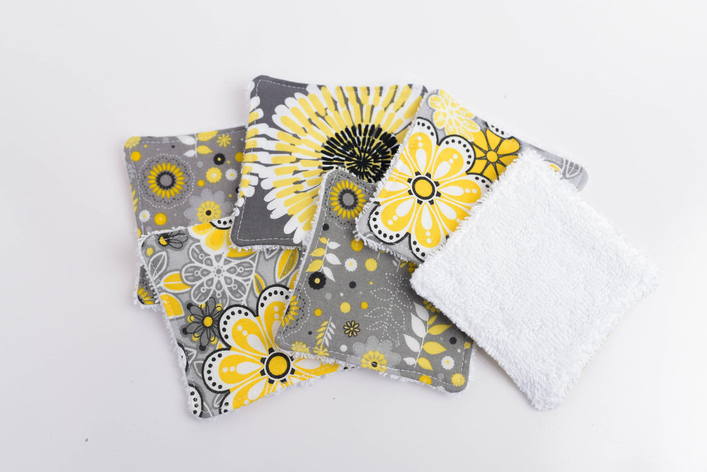 Gray and Yellow Floral Cloth Face Scrubbies- Set of 6