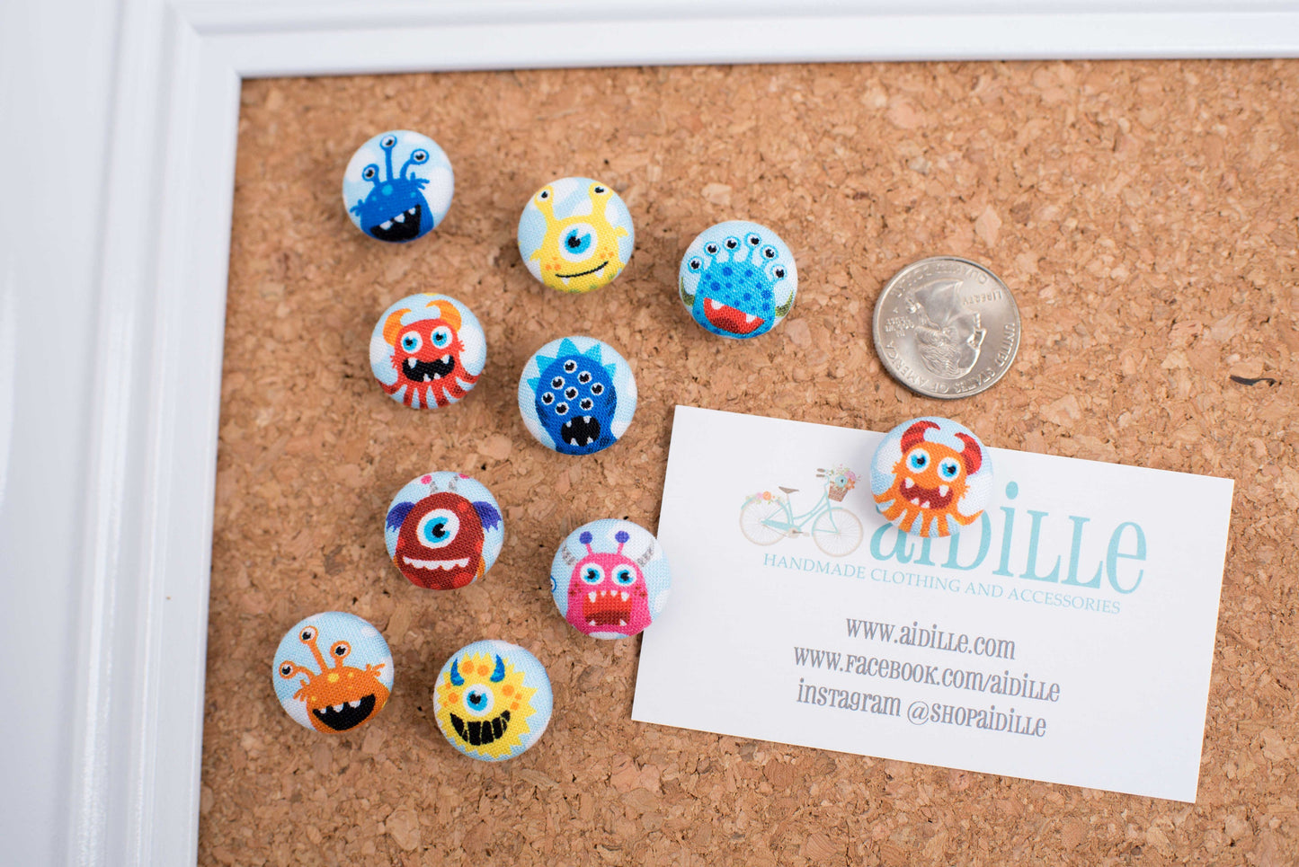 Assorted Blue Monster Fabric Button Push Pins- Set of 10