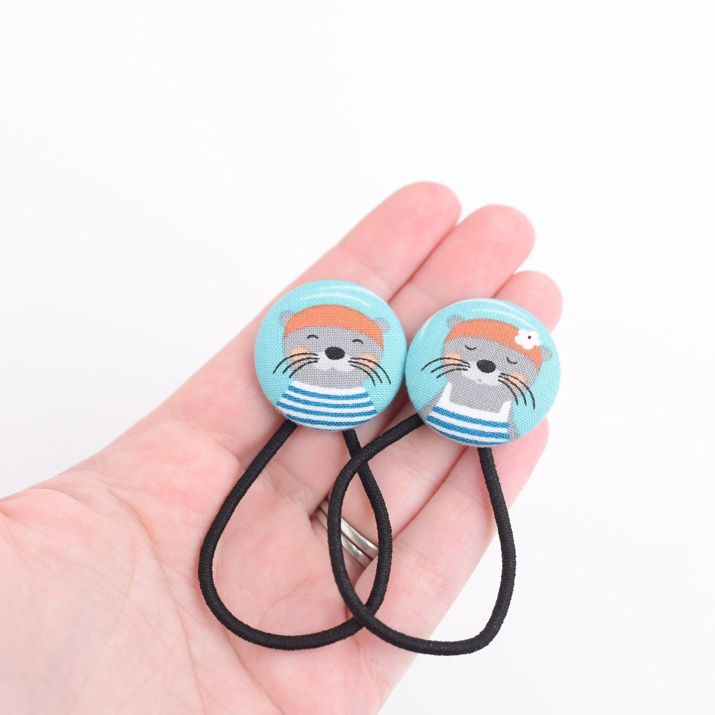 Swimming Otters Fabric Button Hair Ties- Set of 2