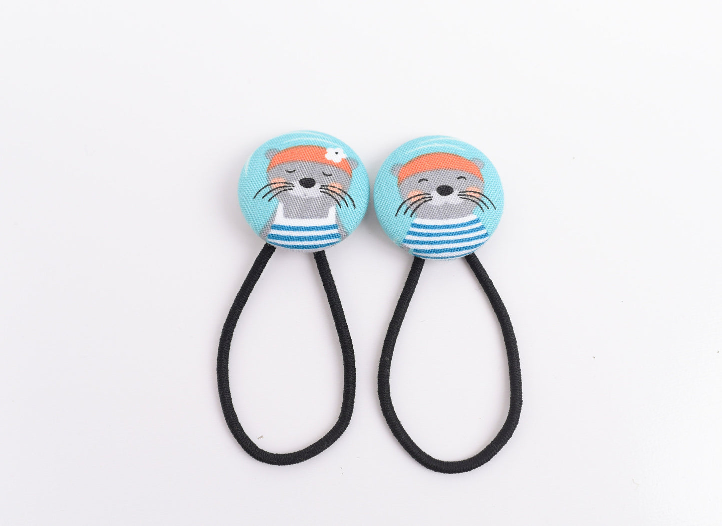 Swimming Otters Fabric Button Hair Ties- Set of 2