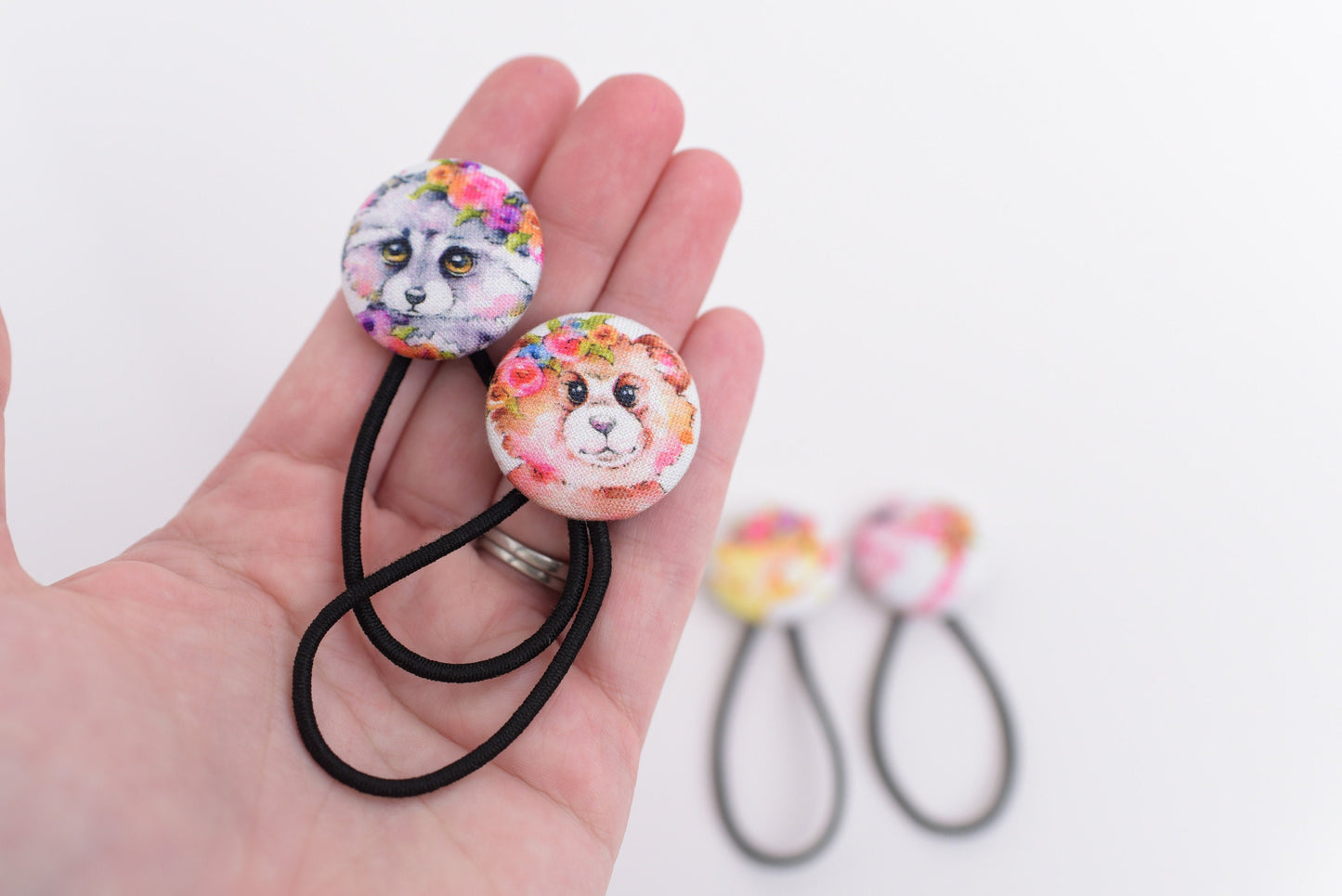 Watercolor Animals Fabric Button Hair Ties- Set of 4