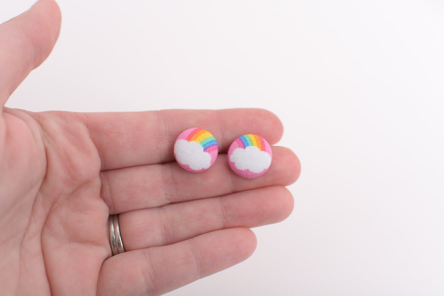 Pink Rainbow Fabric Button Earrings- Choose Titanium Posts or Brass Clip Ons