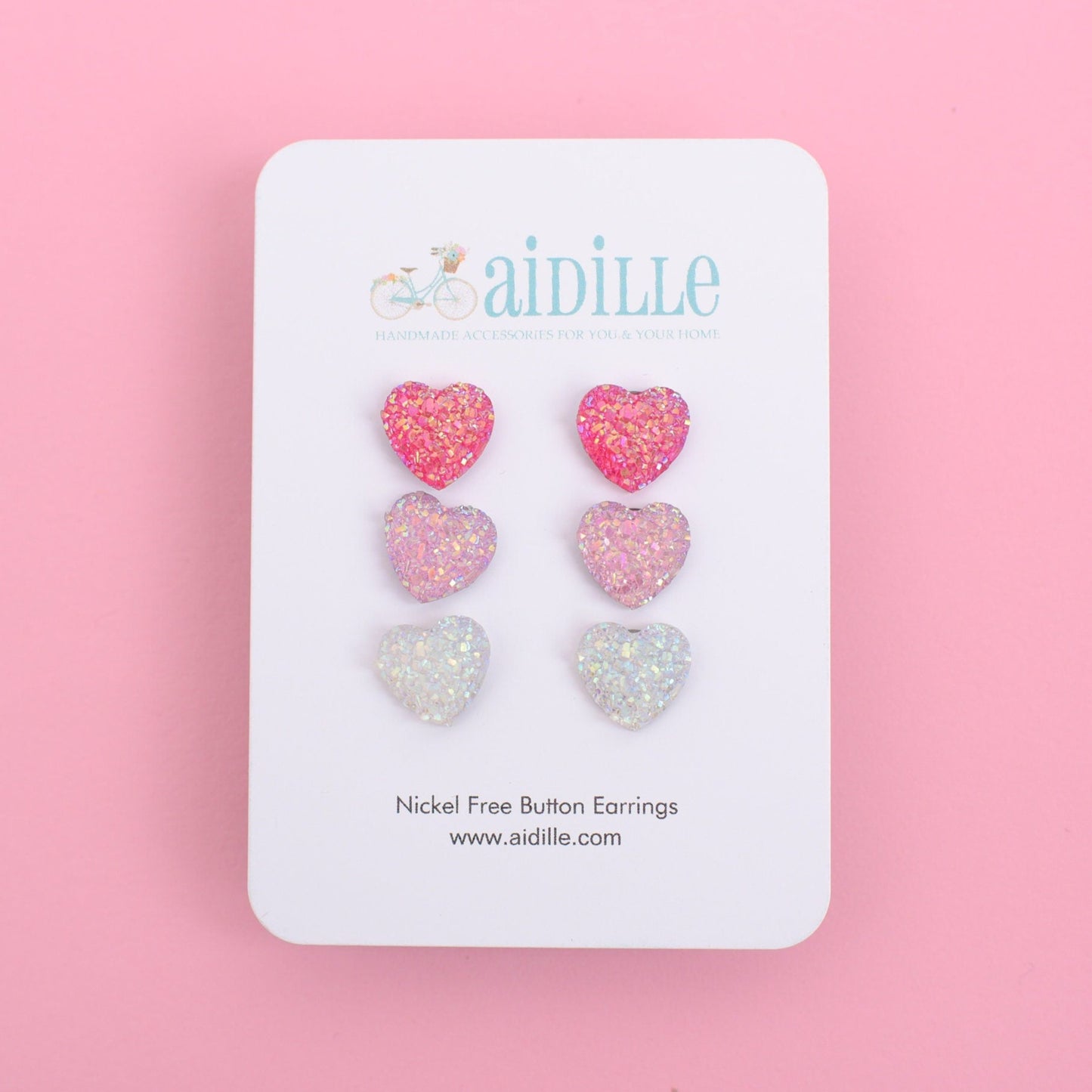Pink Glitter 12mm Heart Earring Trio with Titanium Posts