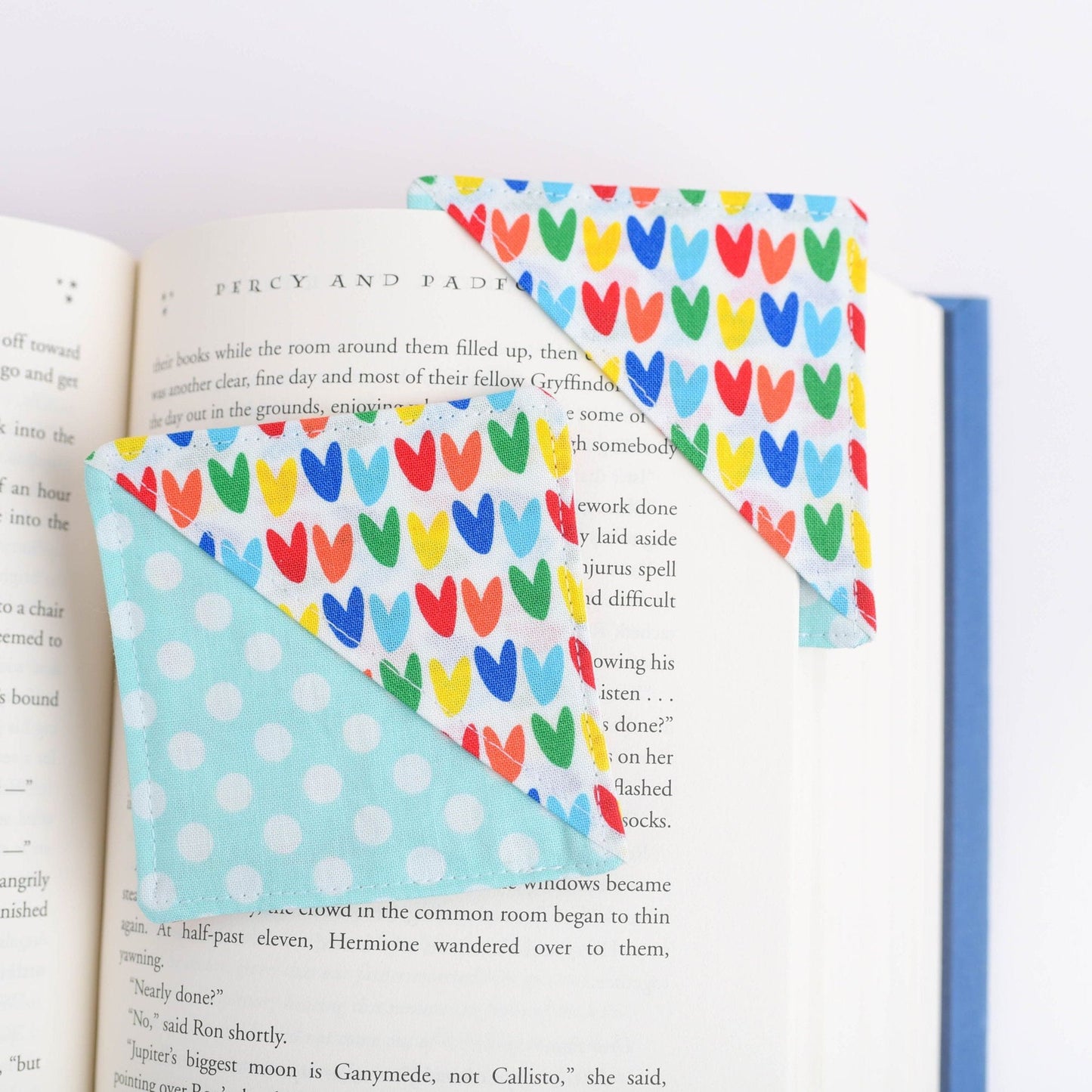 Rainbow Heart & Aqua Polka Dot Fabric Corner Bookmark
