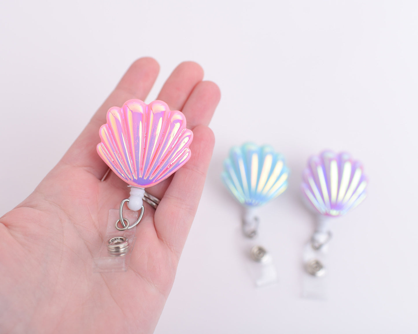 FLAWED Iridescent Mermaid Shell Badge Reel- Choose Pink, Purple, or Blue