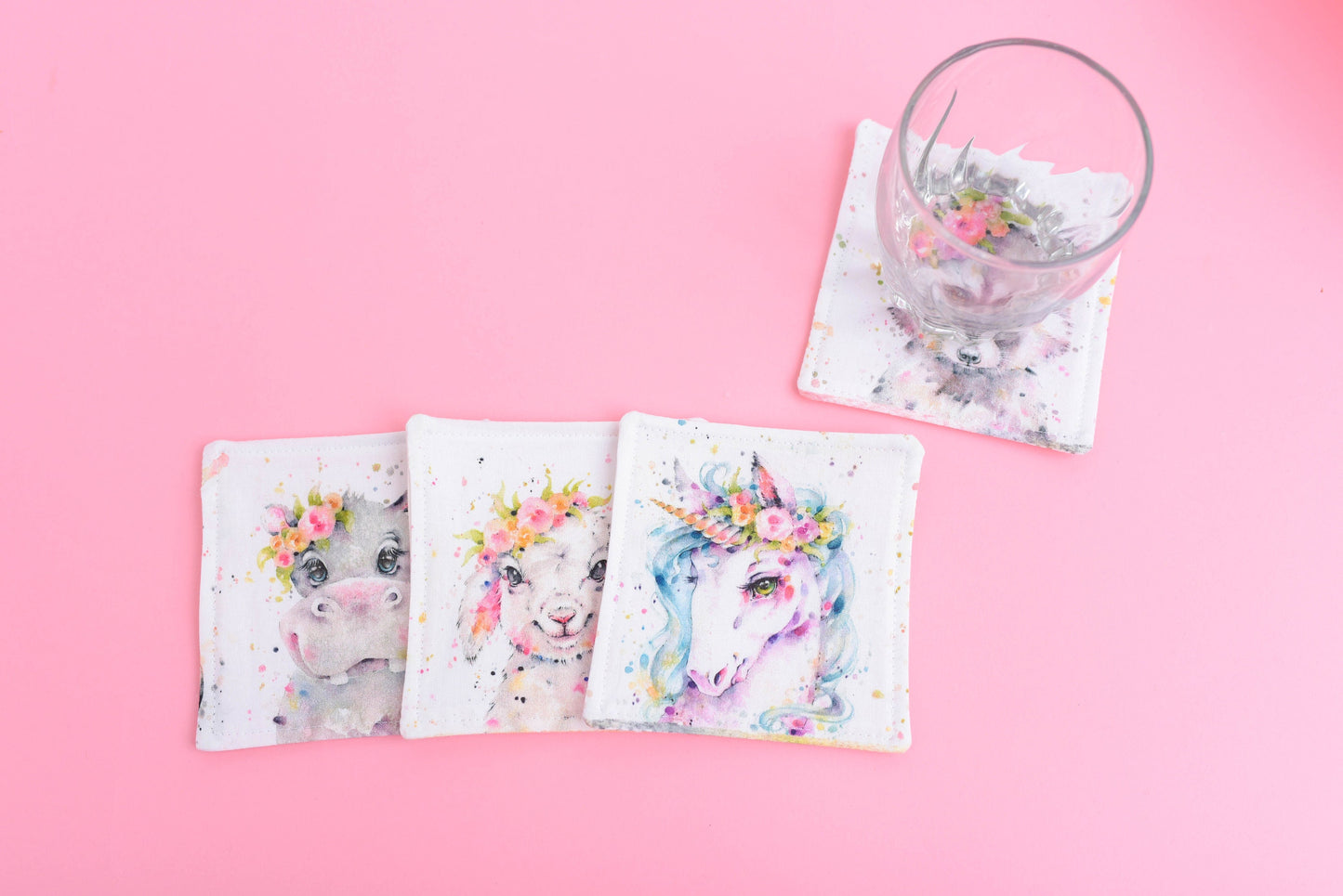 Handmade Boho Watercolor Animal Fabric Coasters- Set of 4