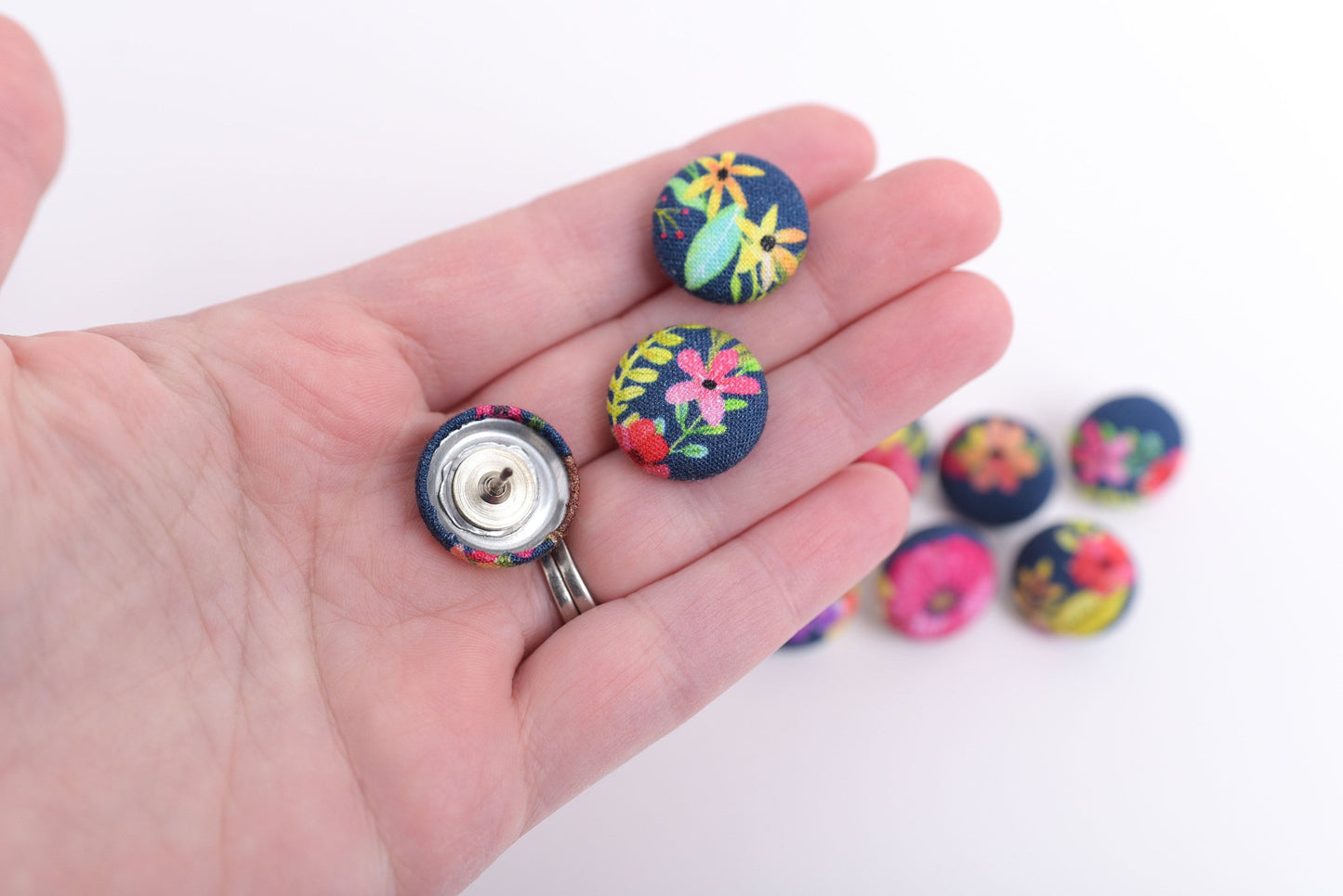 Navy Blue Floral Fabric Button Push Pins- Set of 10