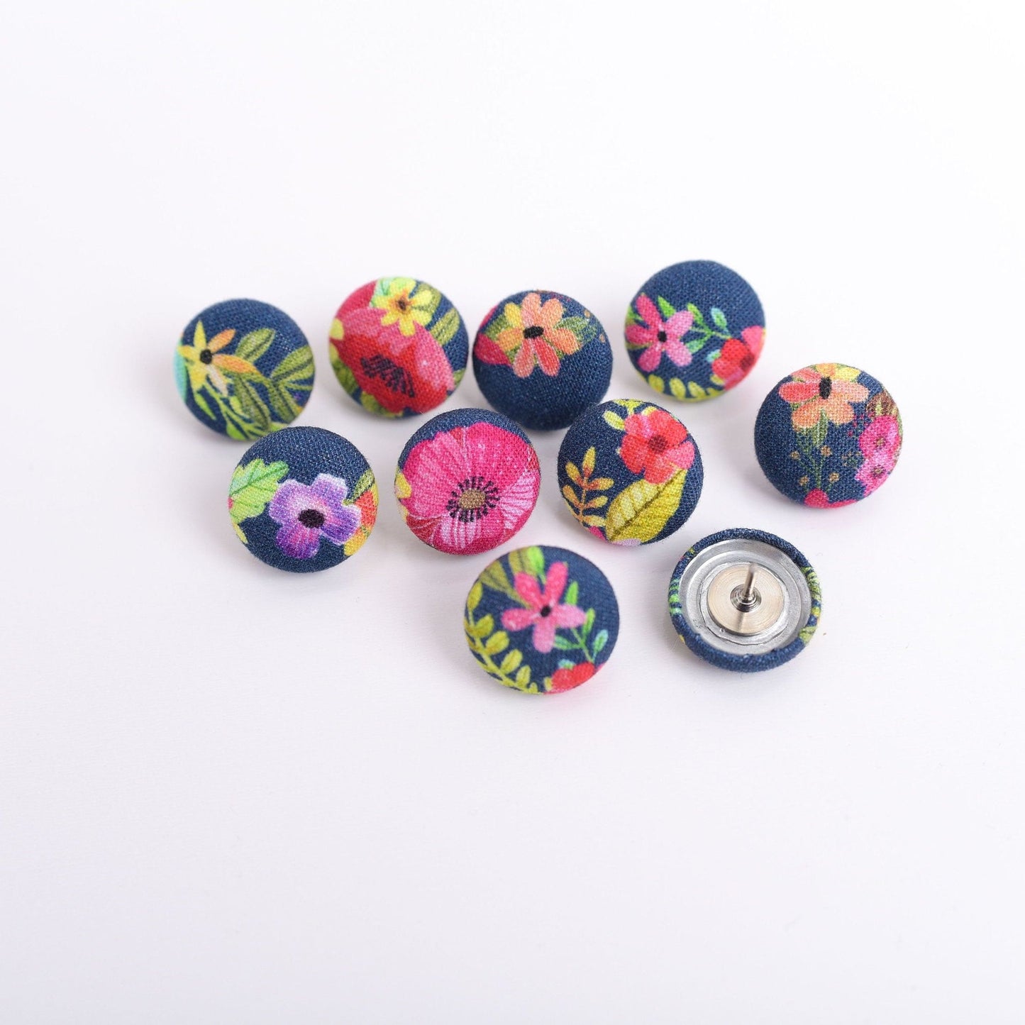 Navy Blue Floral Fabric Button Push Pins- Set of 10