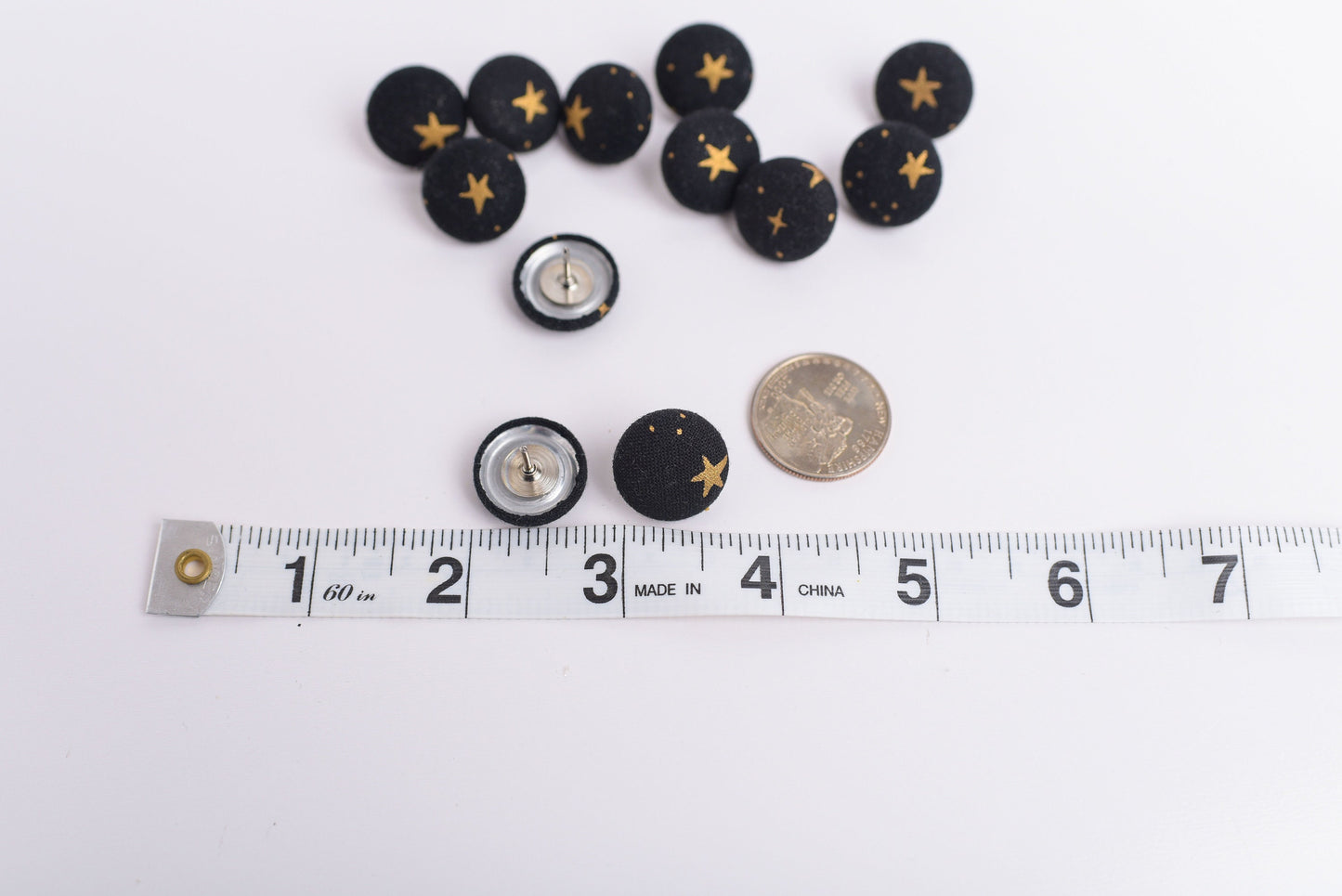 Black and Gold Star Fabric Button Push Pins- Set of 12