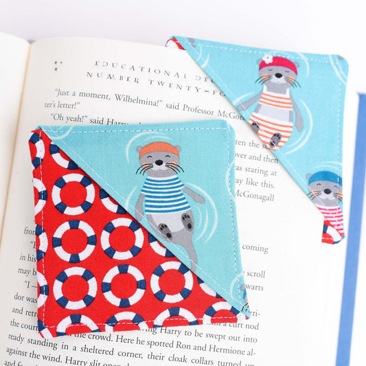 Swimming Otter & Life Preserver Fabric Corner Bookmark- Choose Boy Or Girl
