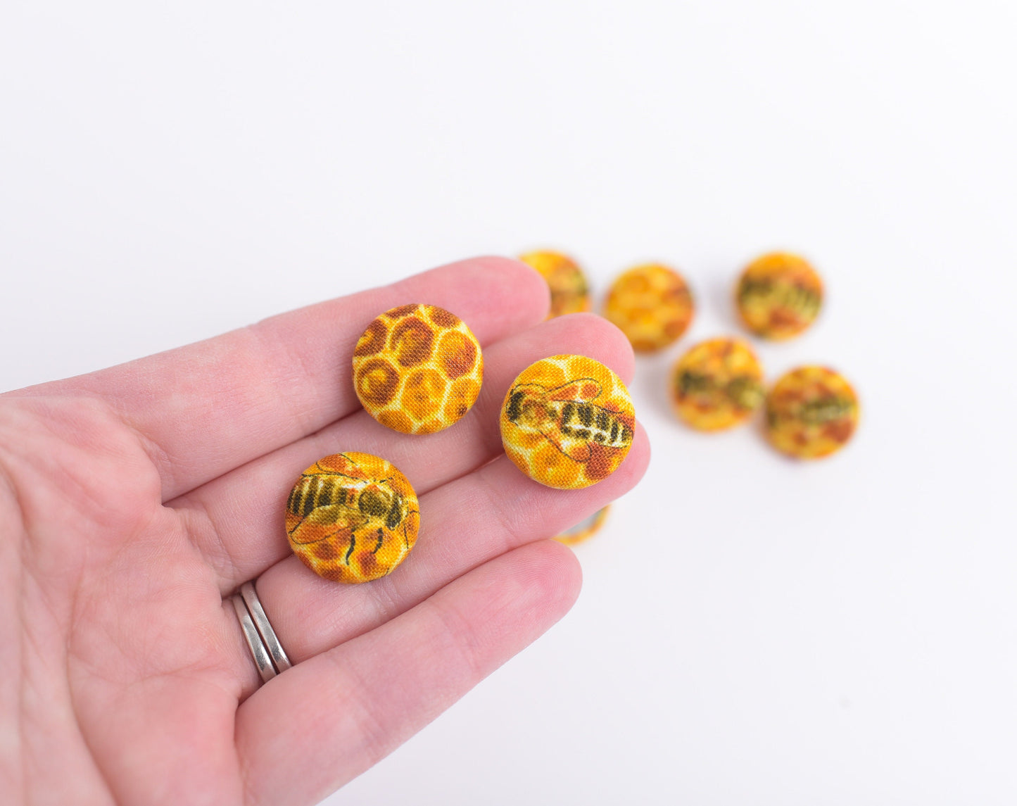 Honey Bee Fabric Button Push Pins- Set of 12