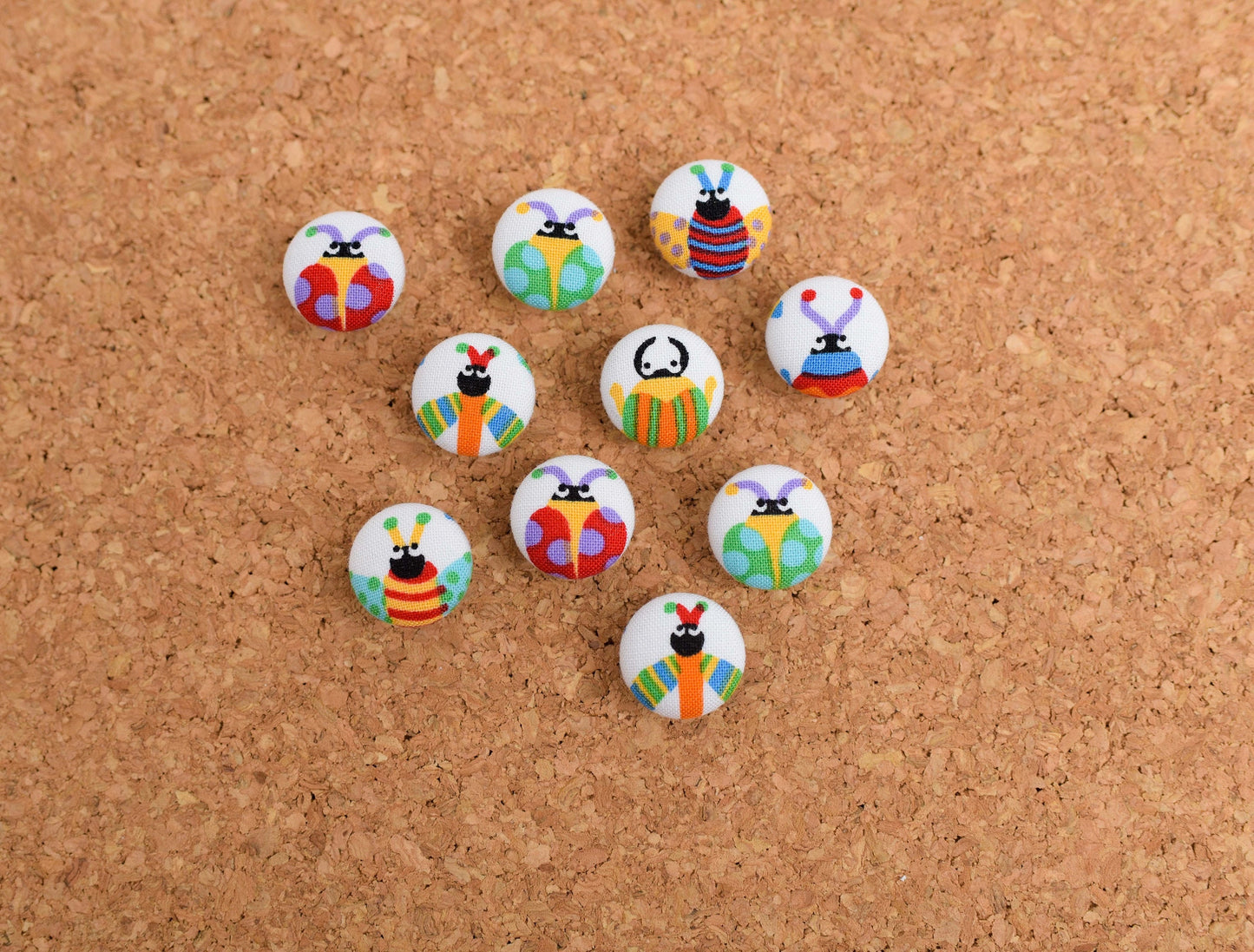 Colorful Bug Fabric Button Push Pins- Set of 10