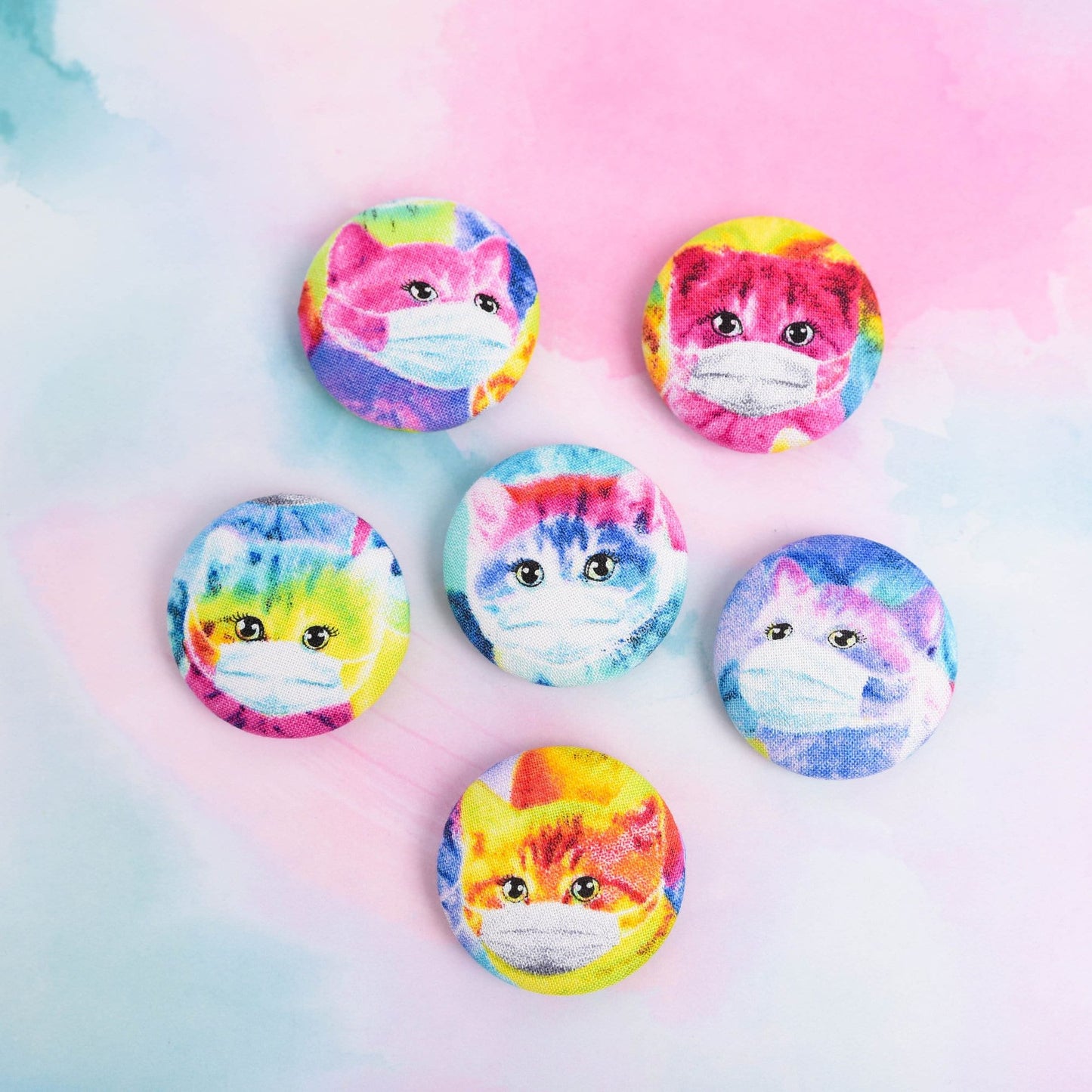 Jumbo Face Mask Rainbow Cat Fabric Button Magnets- Set of 6