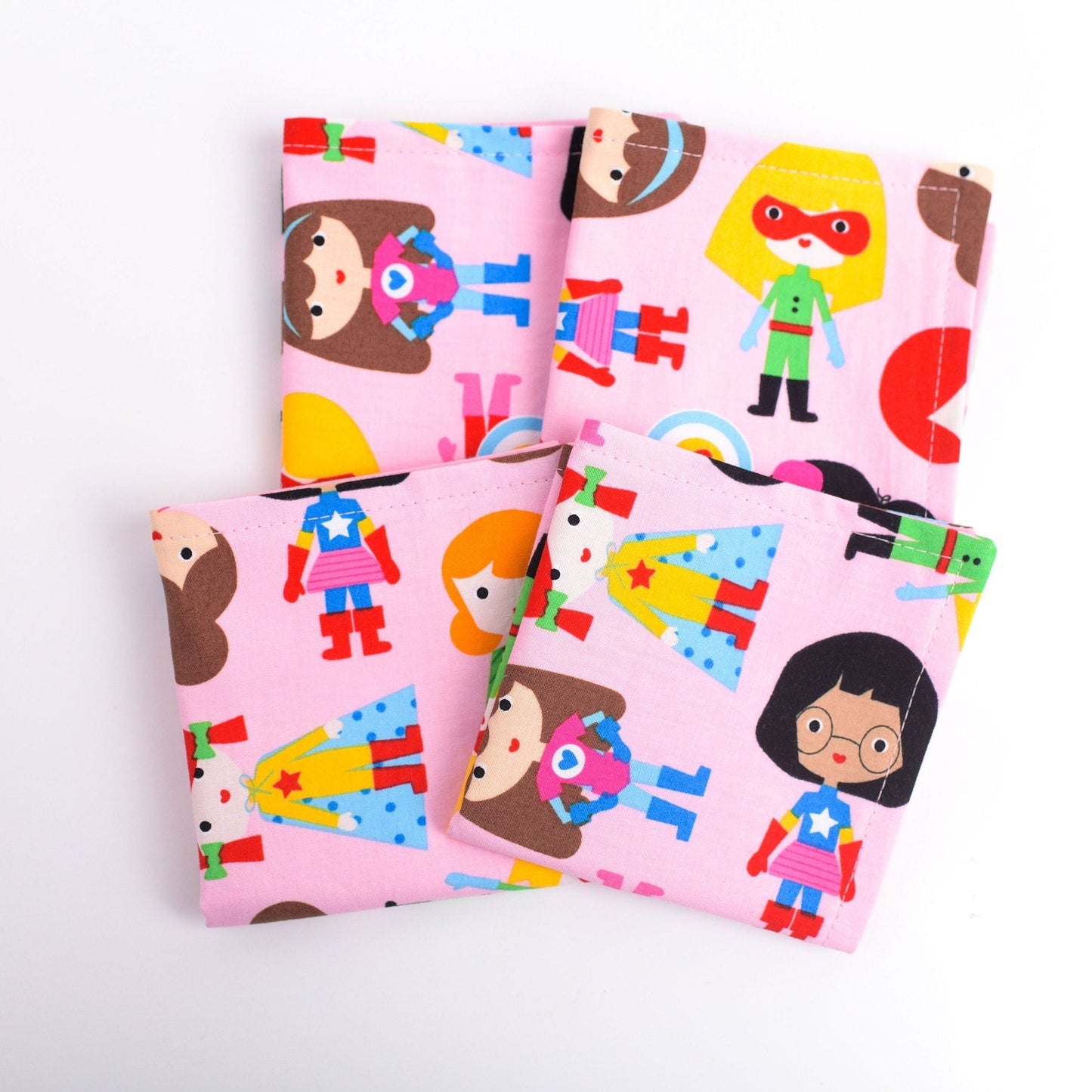 Kids Superhero 9" Lunchbox Cloth Napkins in Pink or Blue- Set of 4