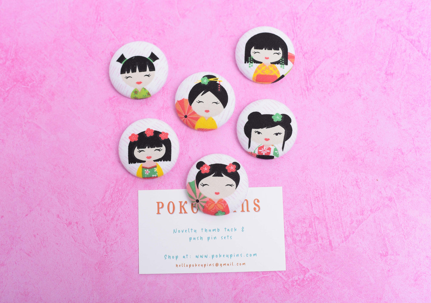 Jumbo Geisha Girl Fabric Button Magnets- Set of 6