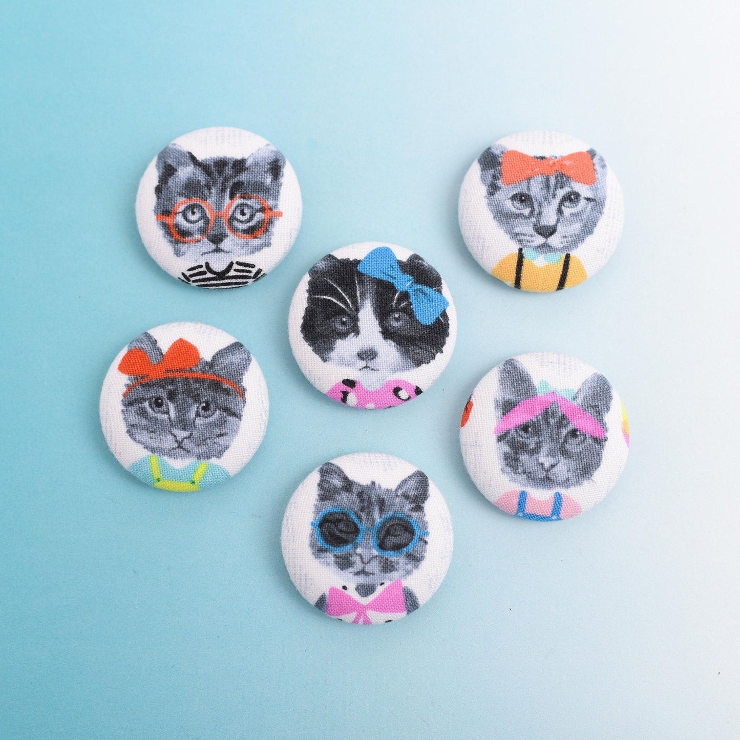 School Girl Cat Fabric Button Magnets- Set of 6