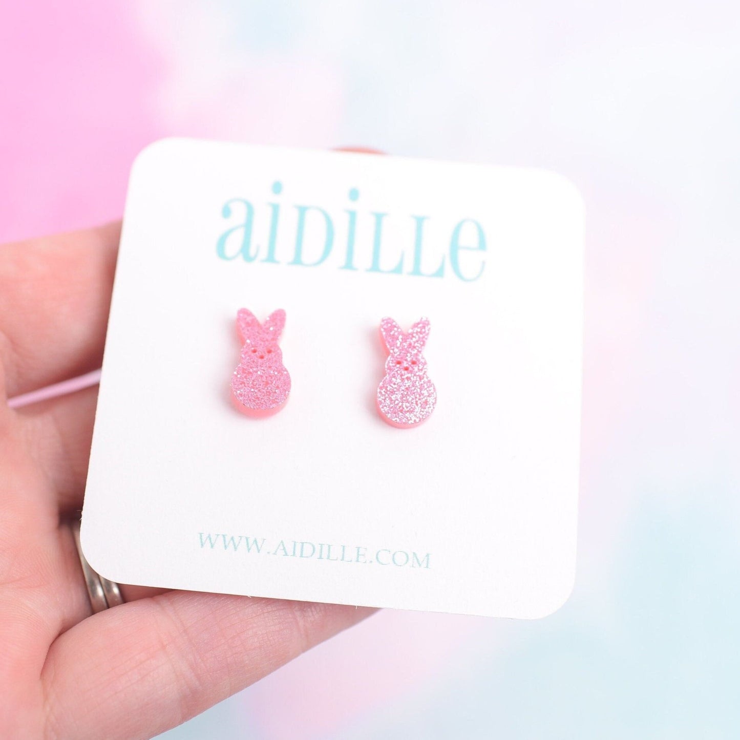 Pink Glitter Bunny Earrings with Titanium Posts