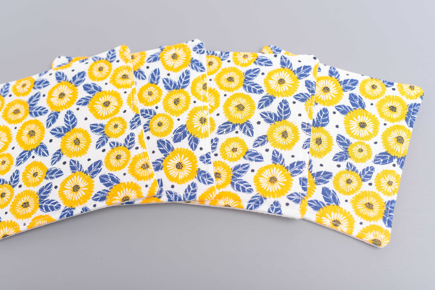 Navy and Mustard Floral Fabric Coasters- Set of 4
