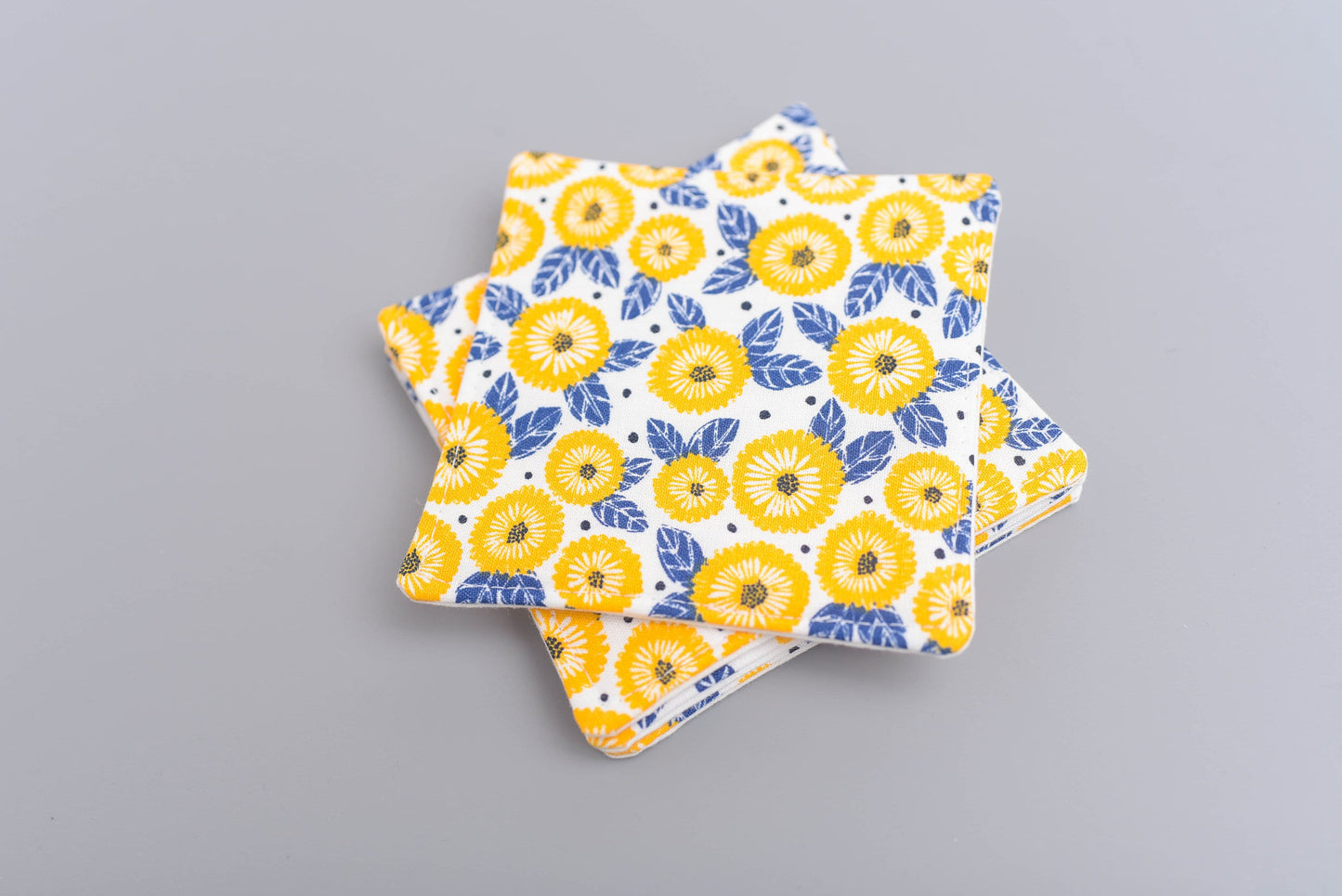 Navy and Mustard Floral Fabric Coasters- Set of 4