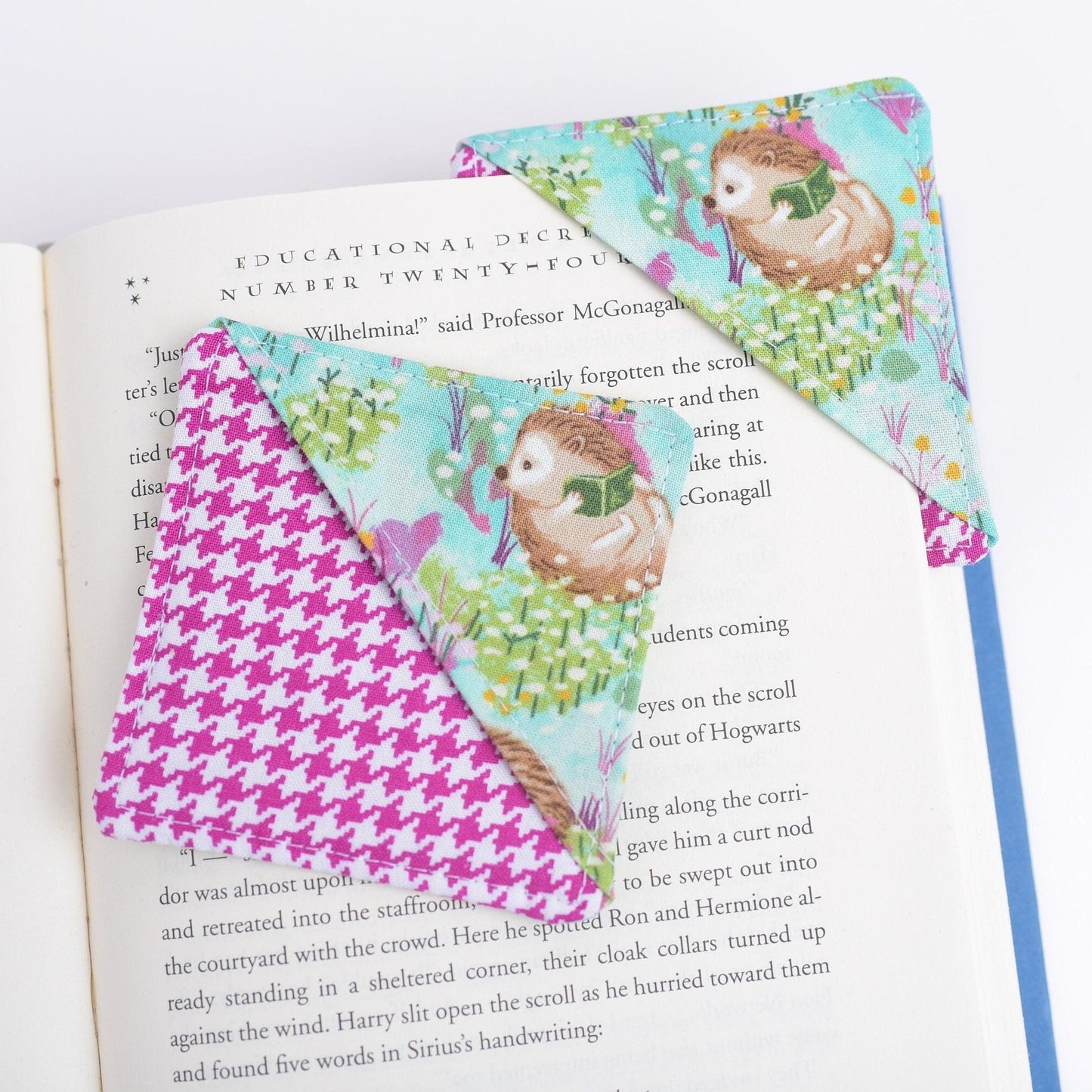 Hedgehog & Houndstooth Handmade Fabric Corner Bookmark
