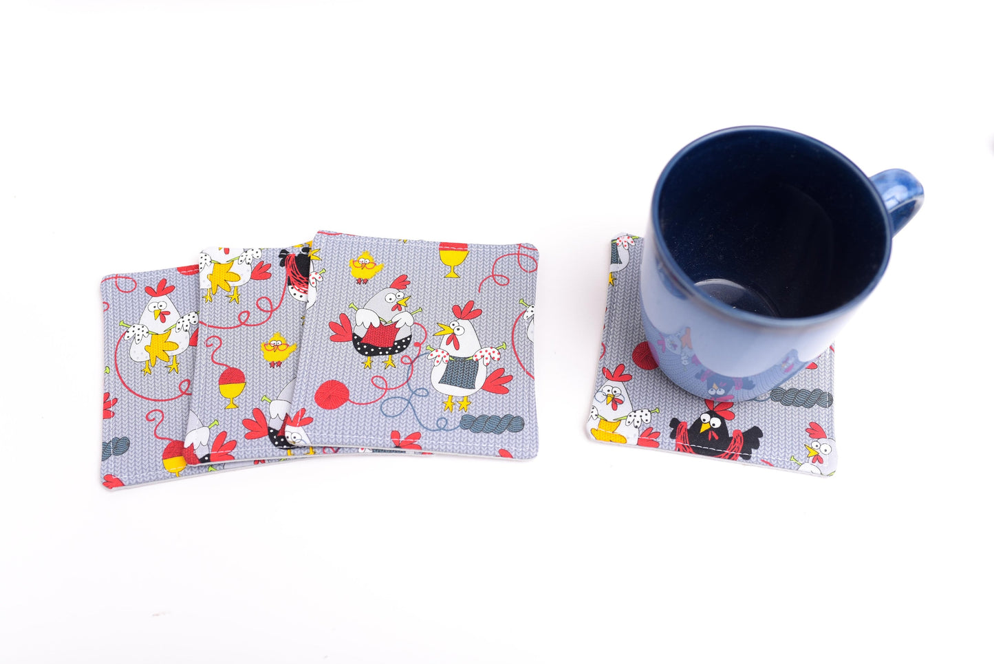 Knitting Chicken Fabric Coasters- Set of 4