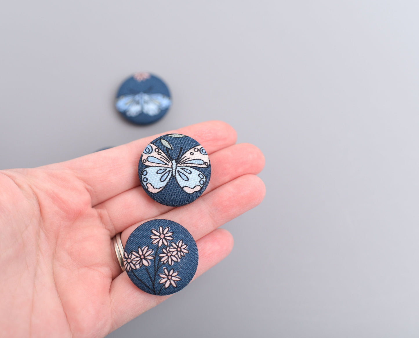 Blue Butterfly Fabric Button Magnets- Set of 6