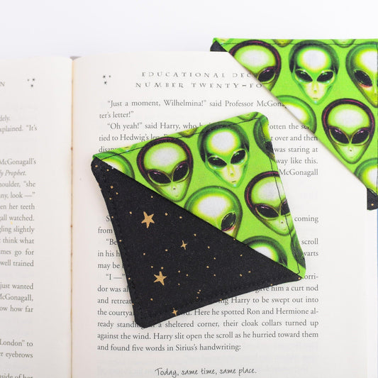 Alien with Black & Gold Star Handmade Fabric Corner Bookmark