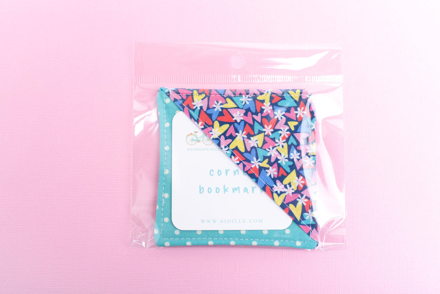 Multi Heart & Teal Polka Dot Handmade Fabric Corner Bookmark