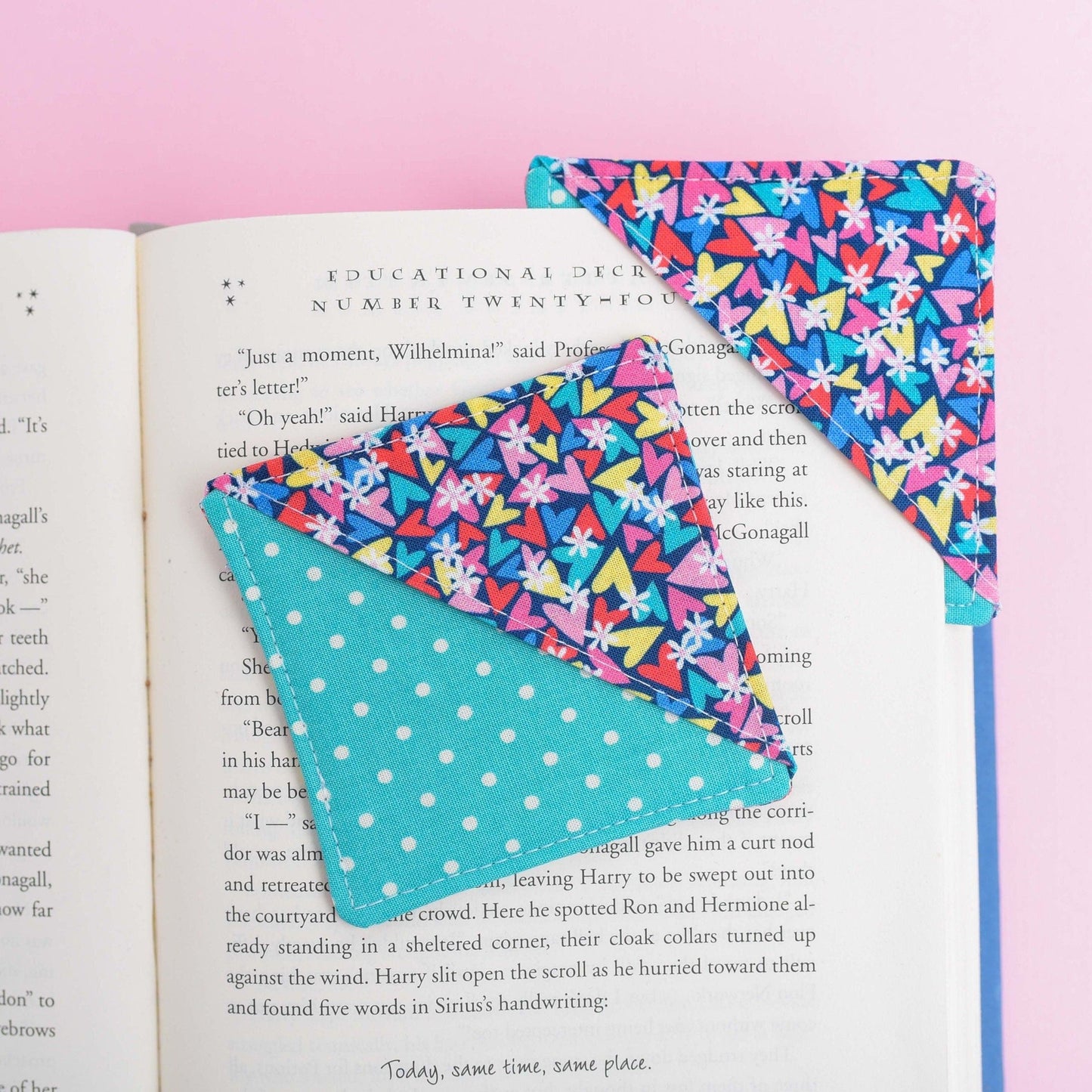 Multi Heart & Teal Polka Dot Handmade Fabric Corner Bookmark