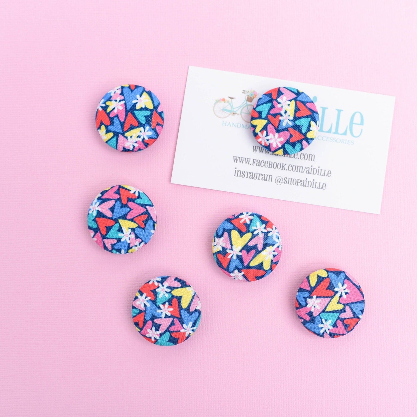 Heart and Flower Fabric Button Magnets- Set of 6