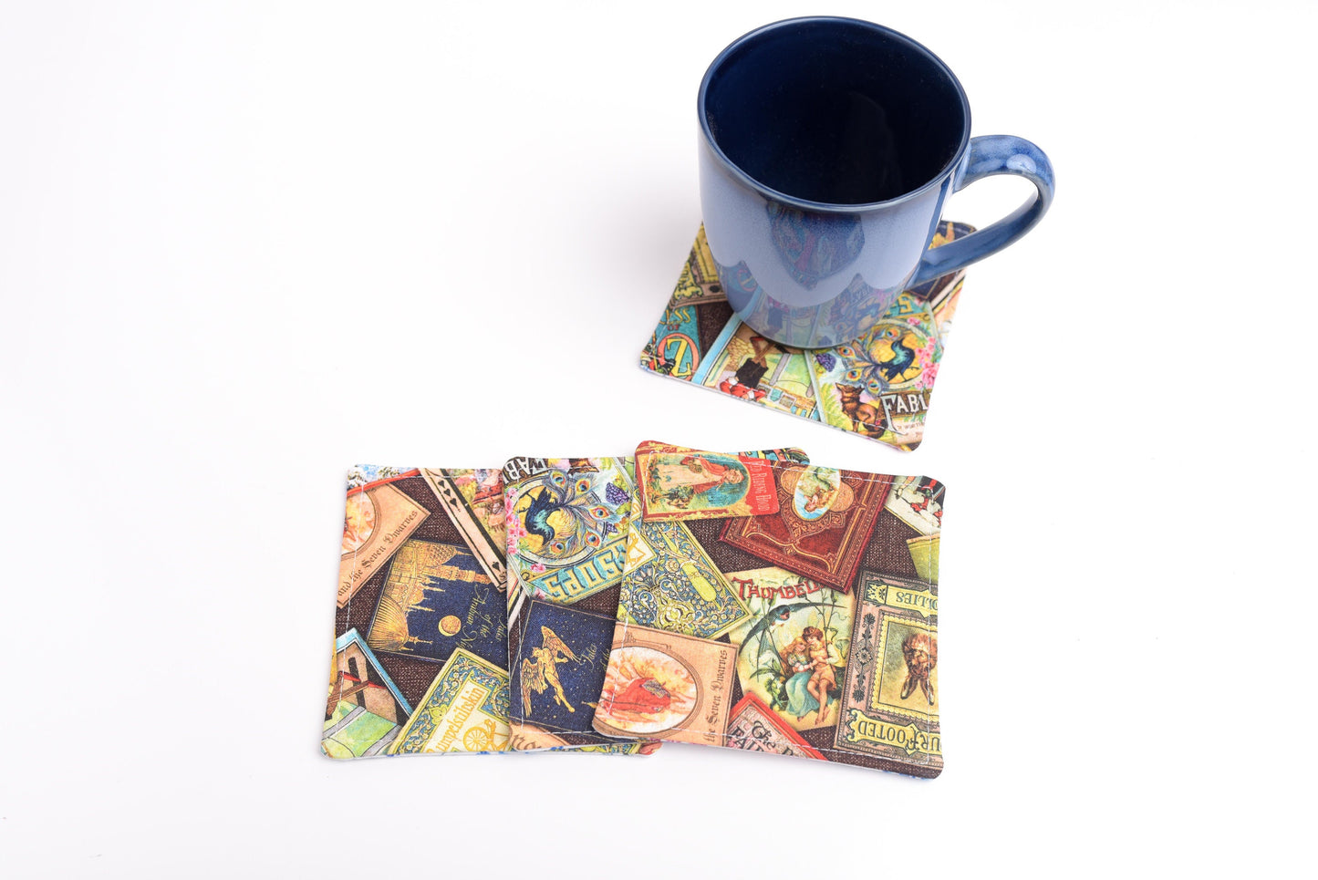 Reversible Bookworm Library Cloth Coasters- Set of 4