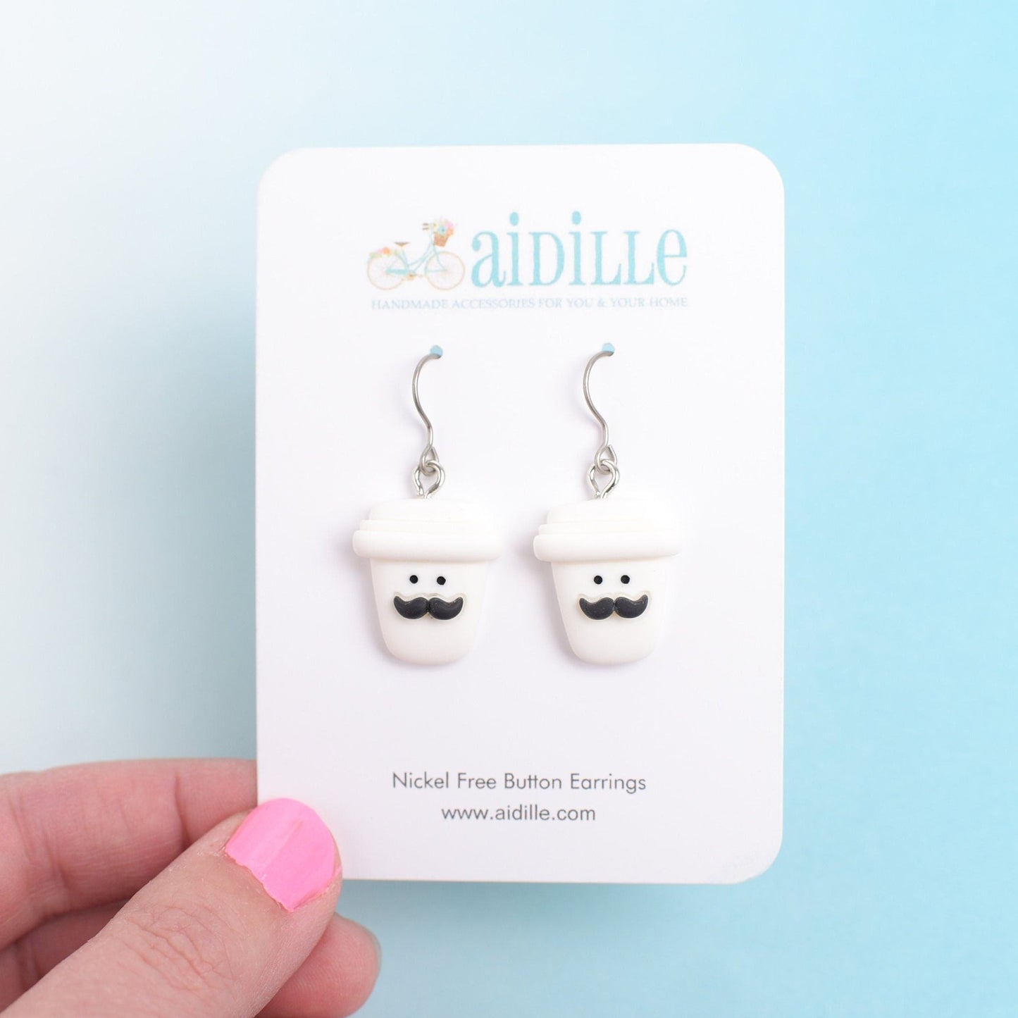 Mustache Coffee Dangle Earrings with Titanium Ear Wires