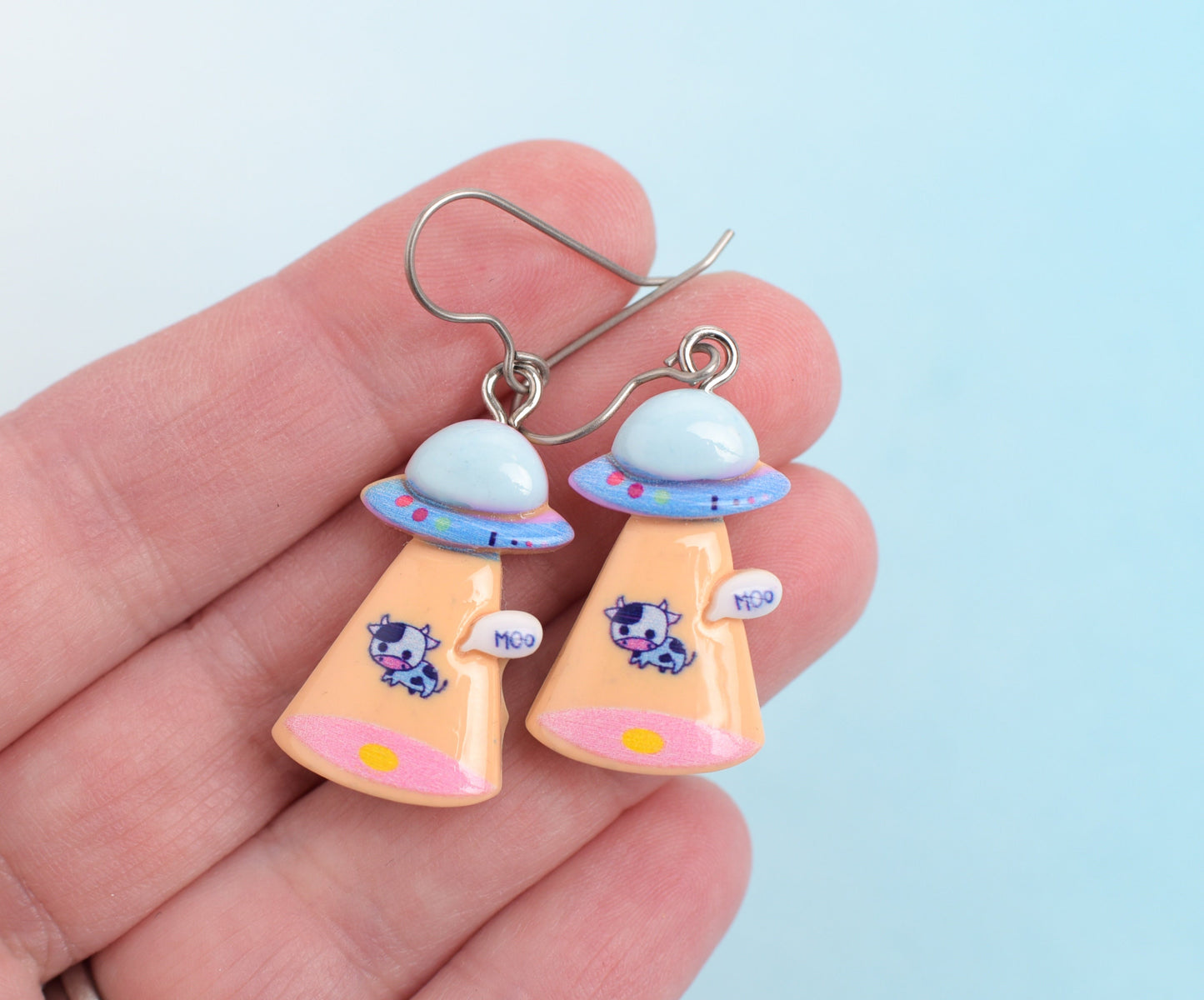 UFO Abducting Cow Dangle Earrings with Titanium Ear Wires