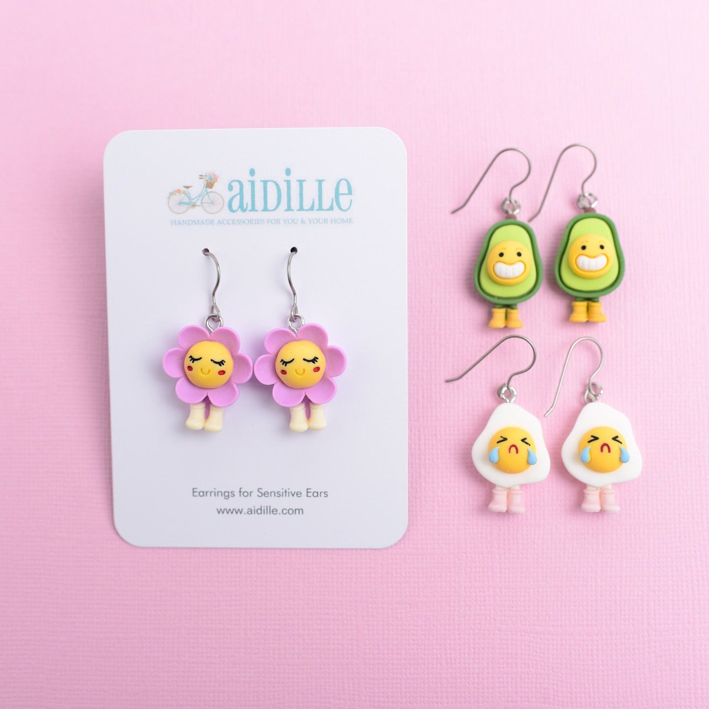 Kawaii Titanium Earrings with Titanium Ear Wires- Choose Egg, Avocado, or Daisy Flower