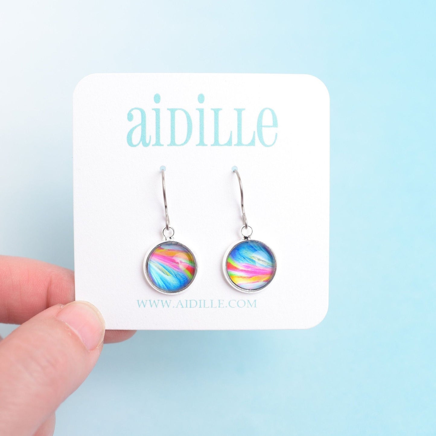 Rainbow Resin Dangle Earrings with Titanium Posts- Choose Swirl, Dot, or Watercolor