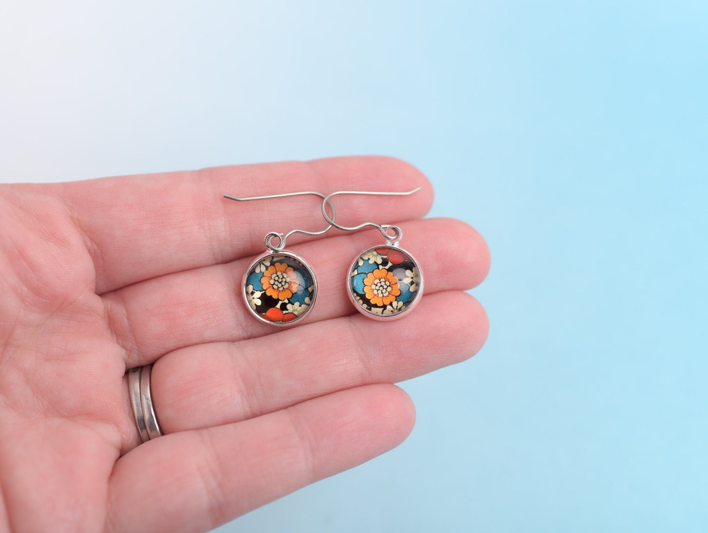 Retro Floral Dangle Earrings with Titanium Ear Wires