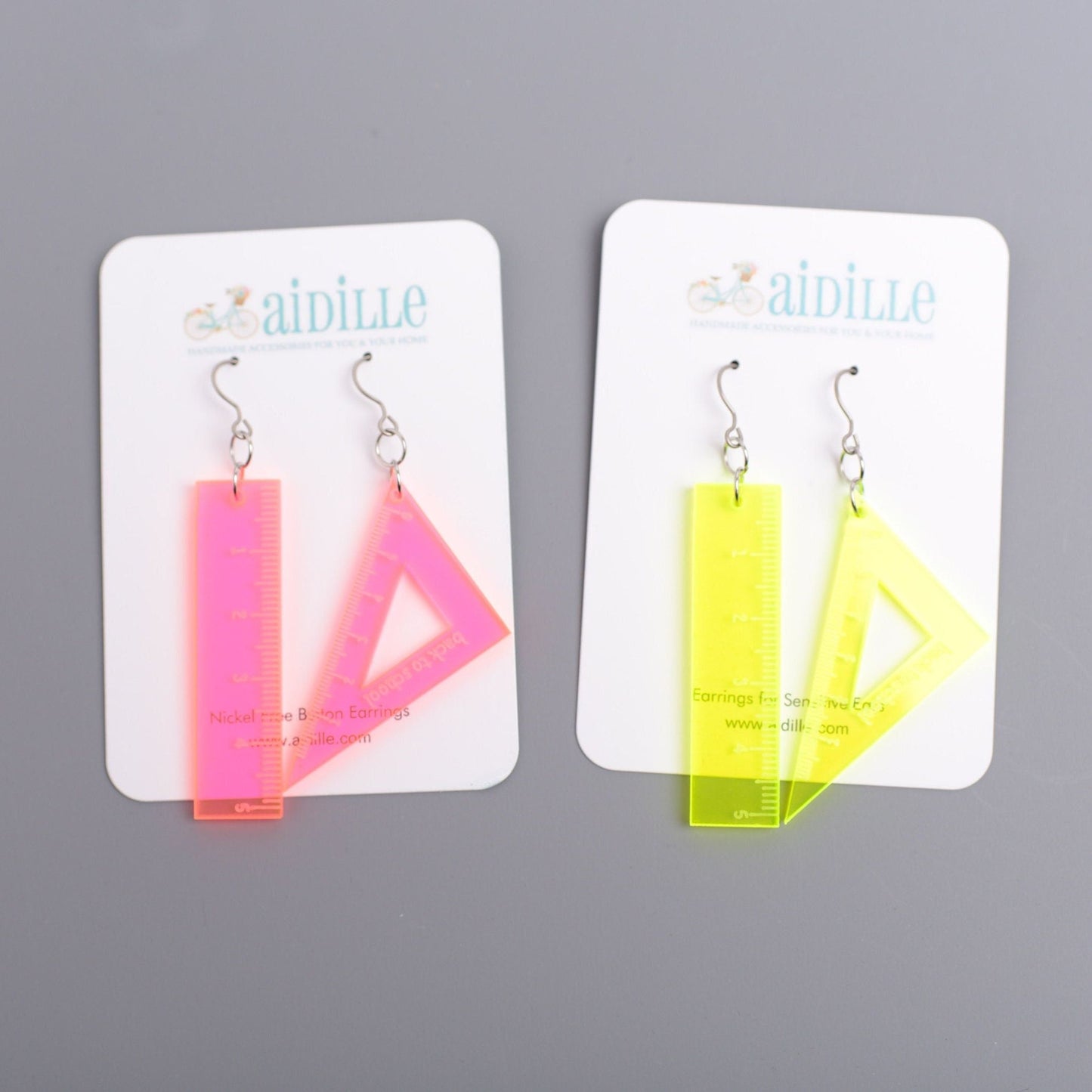 Geometry Ruler Earrings with Titanium Ear Wires- Neon Pink or Yellow