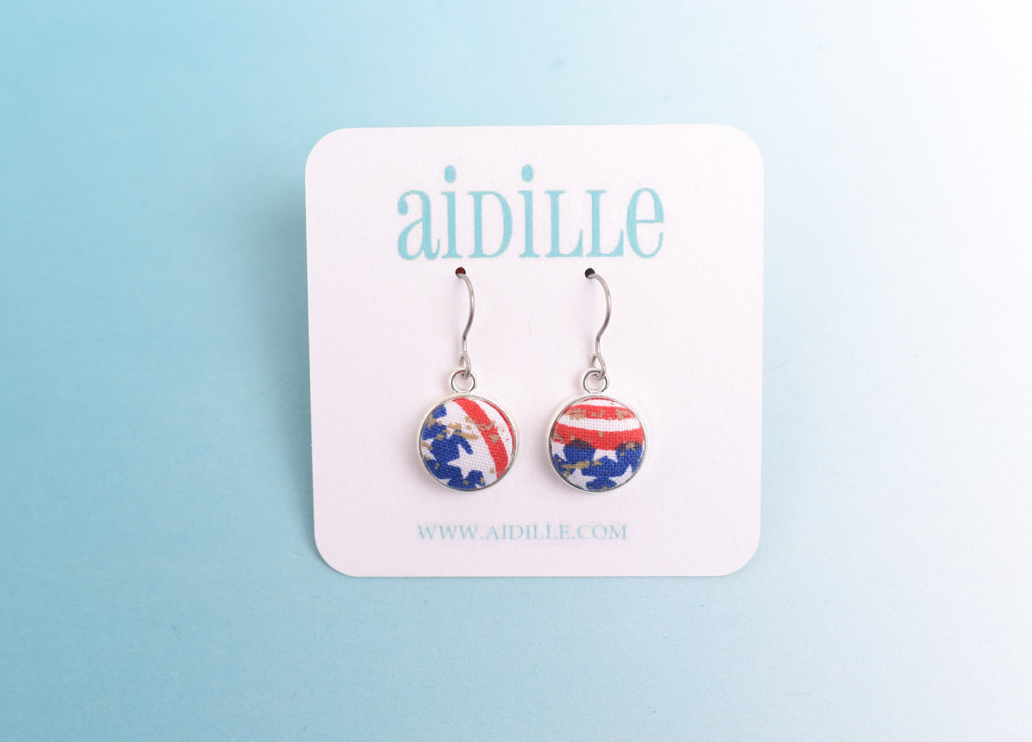 Stars and Stripes Fabric Button Dangles with Titanium Ear Wires